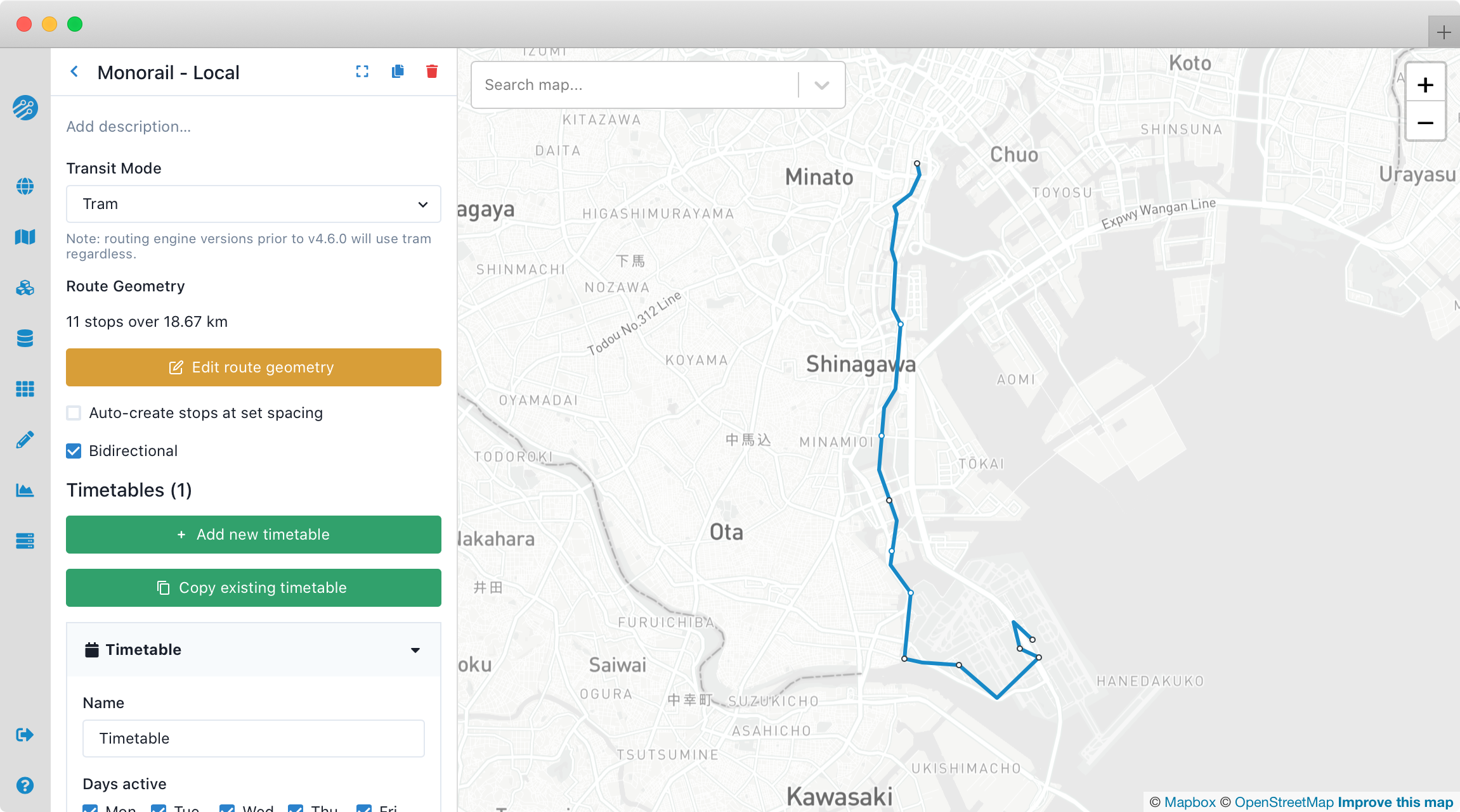 Initial view of an add trip patterns modification